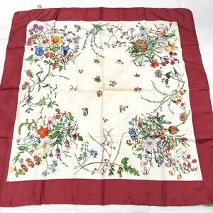 Gucci Silk Scarf with Floral Design and Red Border